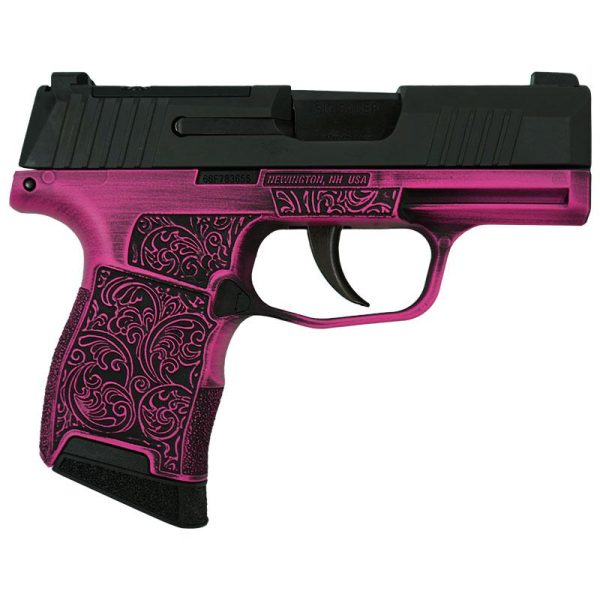 hot pink and black filigree distressed finish sig sauer p365