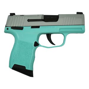 sig sauer "silver slide/tiffany frame"p365 optic ready handgun 9mm luger 10rd magazines(2) 3.1" barrel x ray 3 sights manuel safety