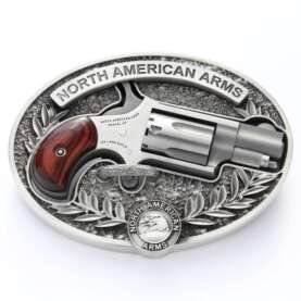 NAA 22LR Mini Revolver .22 LR 5rd Capacity 1.125" Barrel Silver with Wood Grips and Oval Enclosed Belt Buckle