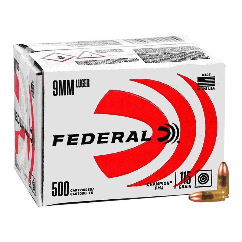 Federal Champion Training Handgun Ammunition 9mm Luger 115 gr FMJ 1125fps 500/ct (Bulk) - Federal Ammo