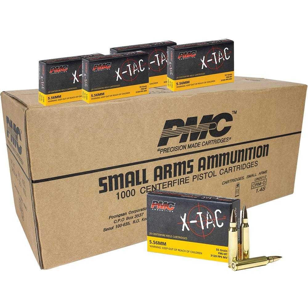PMC X-Tac Rifle Ammunition 5.56X45 NATO 55 gr FMJBT 3120 fps 1000/ct